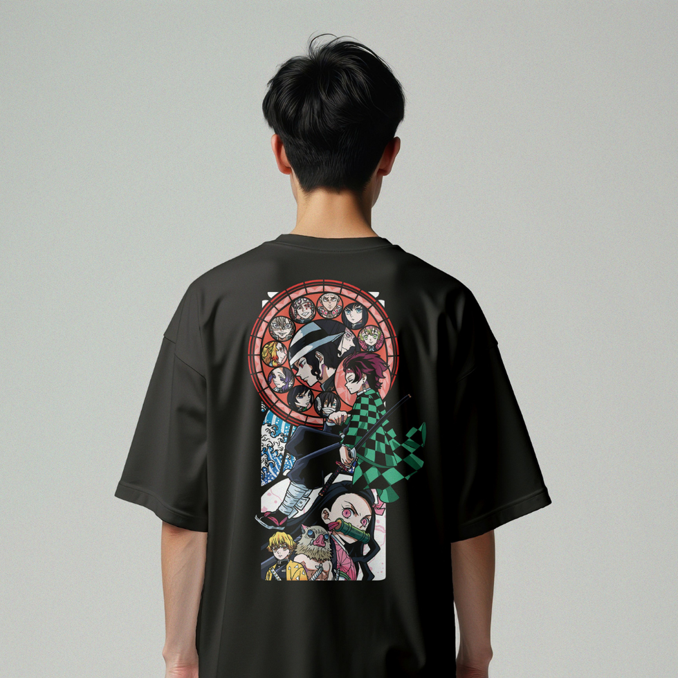 Black oversized demon Slayer anime t-shirt with Tanjiro, Nezuko & Hashira stained-glass circle back graphic