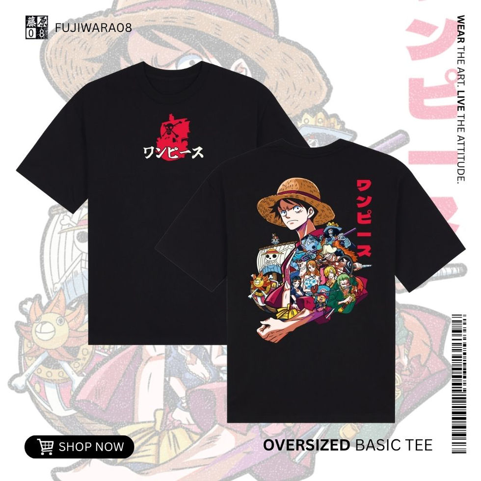 One Piece anime t-shirts. One features the red Straw Hat jolly roger logo, the other features the full pirate crew graphic.