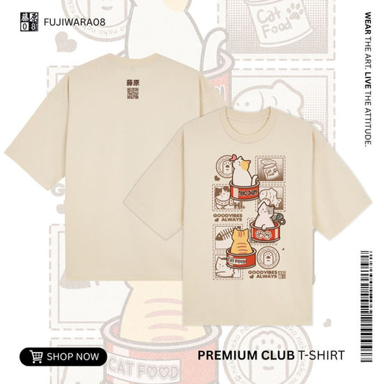 Cream Premium Club Tee with kawaii cat graphic, unisex Japanese streetwear, Uniqlo quality