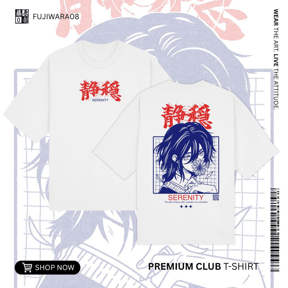 White short-sleeve unisex anime t-shirt with a large back print of a character holding a flower and red Japanese text.