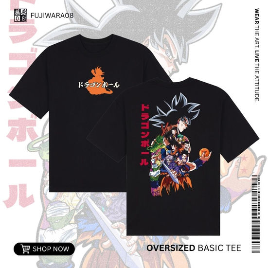 Men's black oversized cotton t-shirt with a colorful back print of Dragon Ball Z anime characters and Japanese text.