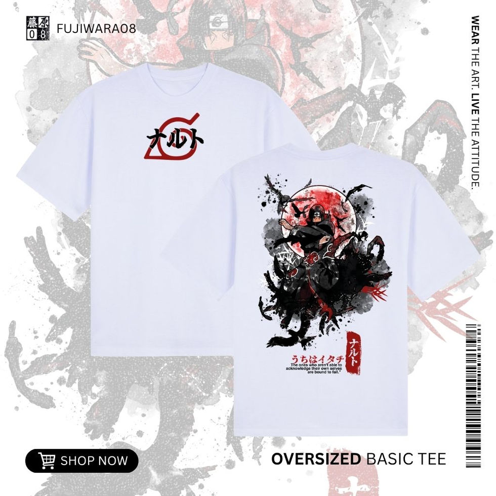Unisex oversized white Naruto Itachi Uchiha graphic t-shirt with black & red ink splatter design.