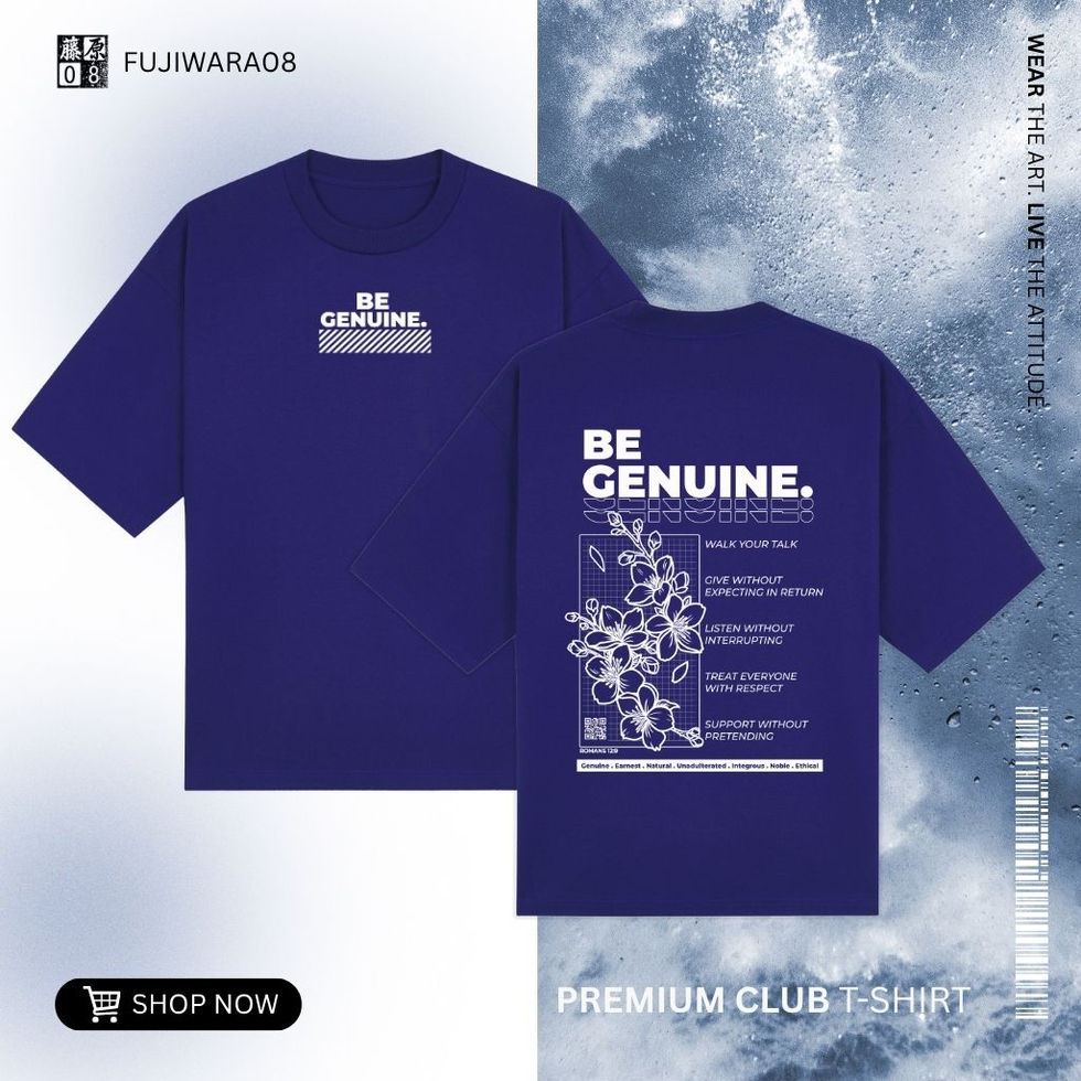 Blue oversized t-shirt with “Be Genuine” typography and floral line art design, promoting kindness, respect, and authenticit