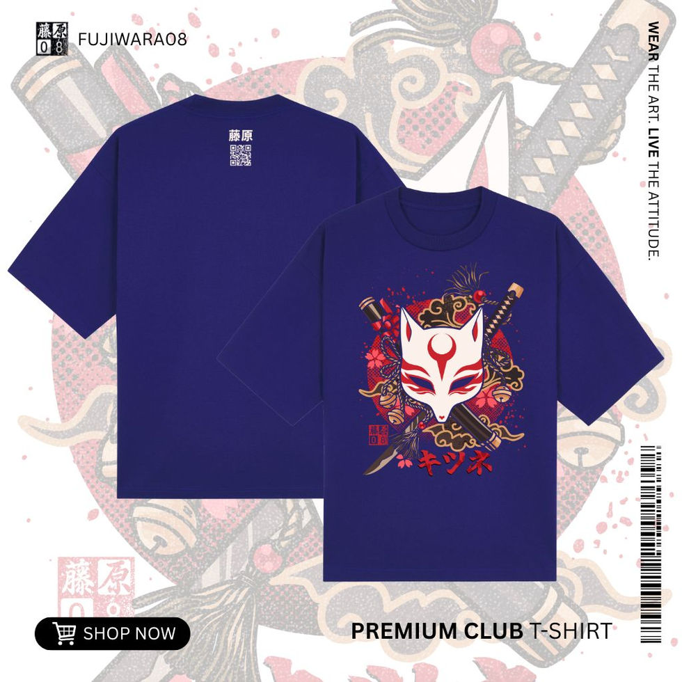 Blue t-shirt with red and black Japanese Kitsune fox mask graphic, samurai swords, cherry blossoms, and kanji text.