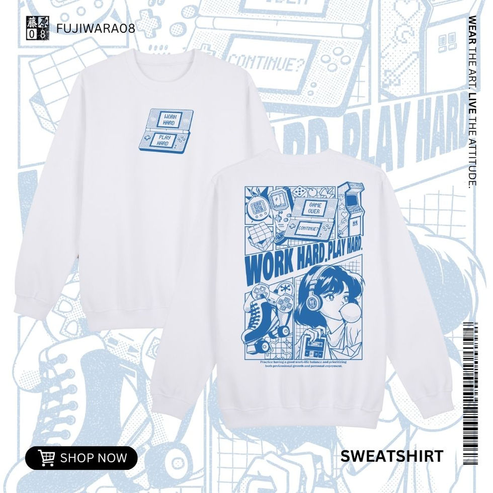 Front and back views of a white crewneck sweatshirt with blue anime-style "Work Hard Play Hard" graphic art.