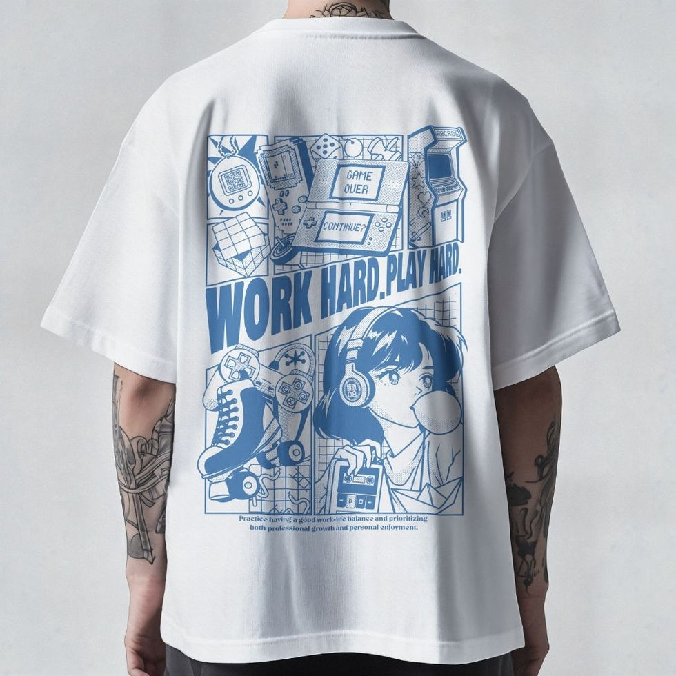 White t-shirt with blue anime-style graphic, front and back, featuring gaming elements and "Work Hard, Play Hard" text.
