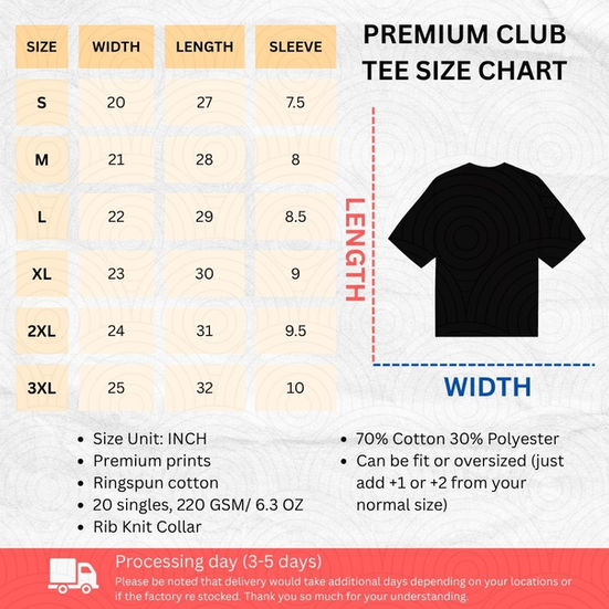 premium club tee size chart