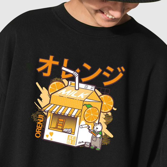 Black unisex 'Orenji Milk' graphic sweatshirt featuring a cute Japanese-style orange juice box illustration with a cat.