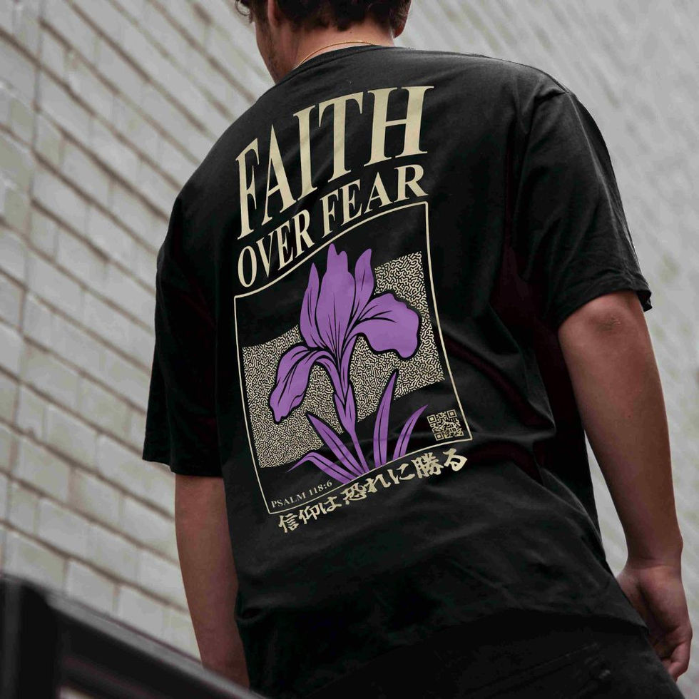 Front and back view of the black FUJIWARA08 "Faith Over Fear" t-shirt with blue Iris floral graphic & Psalm 118:6 text.