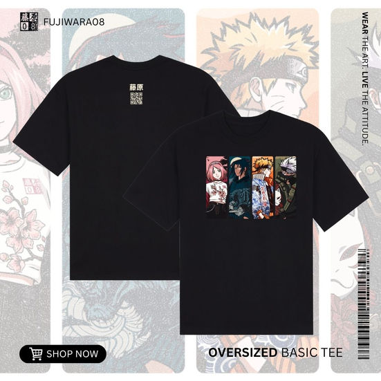 Black Naruto Team 7 t-shirt featuring character panels of Kakashi, Sakura, Sasuke, and Naruto Uzumaki.