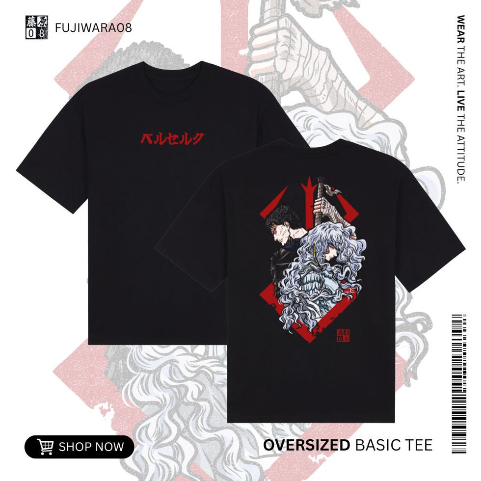 Black oversized FUJIWARAO8 Berserk anime t-shirt with Guts and Griffith back graphic, red Japanese text front, streetwear