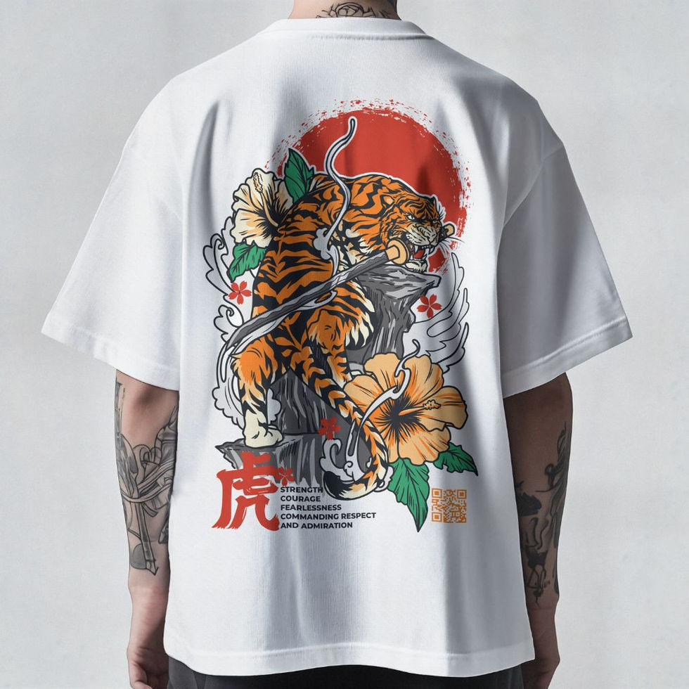 White unisex t-shirt featuring a detailed traditional Japanese art graphic of a tiger and cherry blossoms with a red rising s