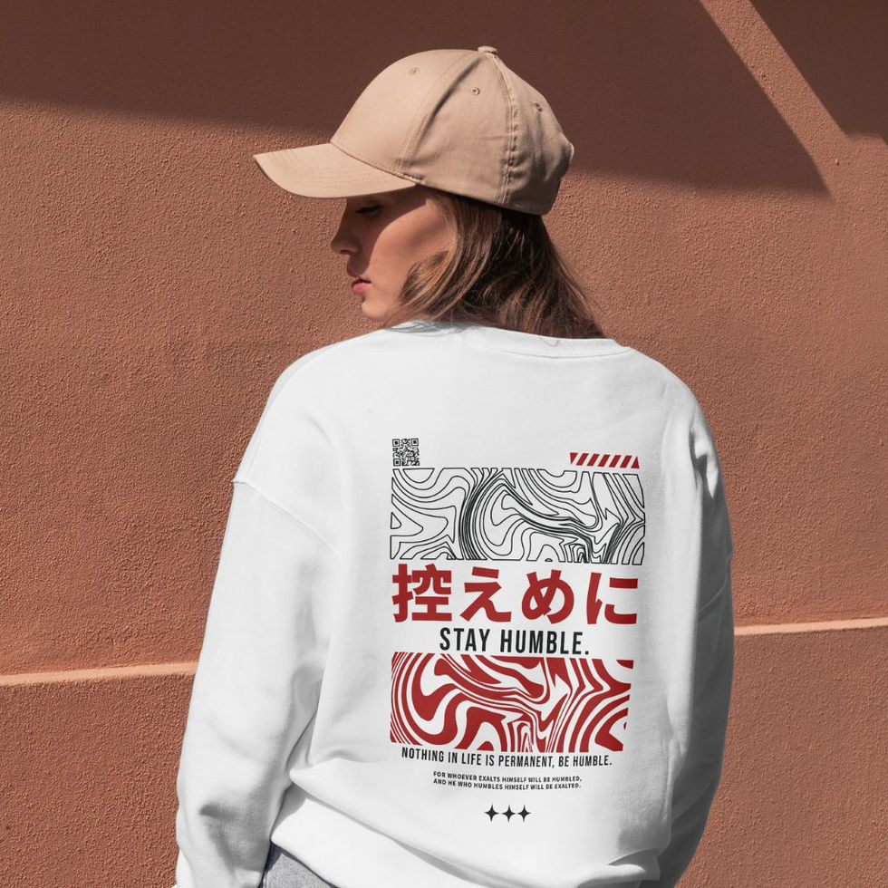 Front and back view of a white crewneck unisex sweatshirt featuring red and black Japanese calligraphy and abstract graphics.