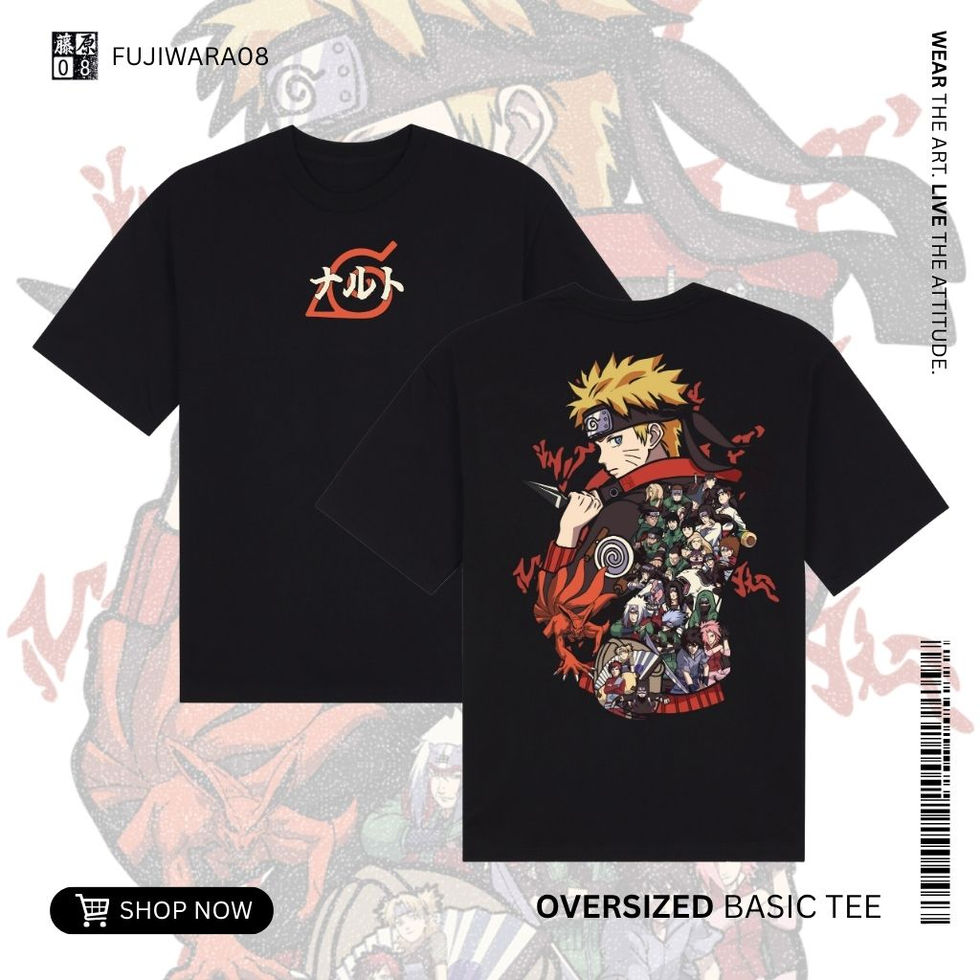 Black Naruto Shippuden t-shirt with front text (ナルト) and large back print of Naruto Uzumaki and cast characters.