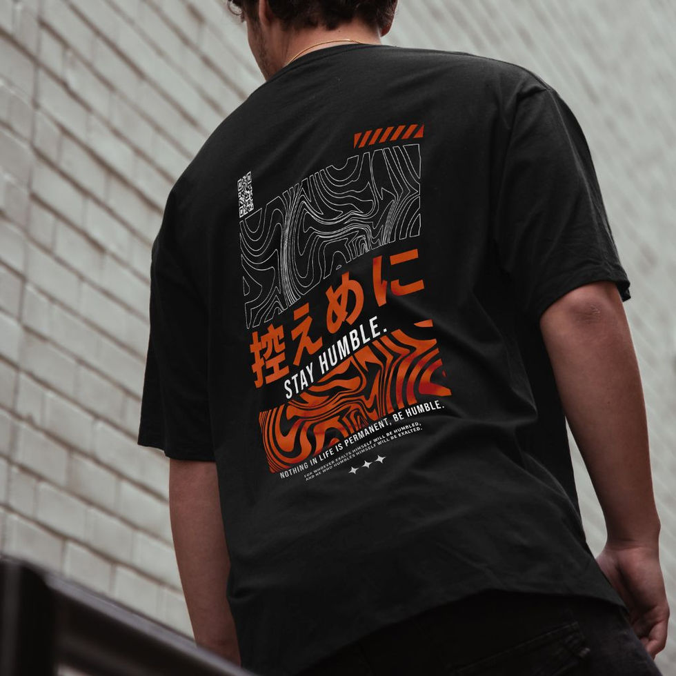 black unisex short-sleeve t-shirt with red and black "Stay Humble" Japanese text and graphic print on the back and front
