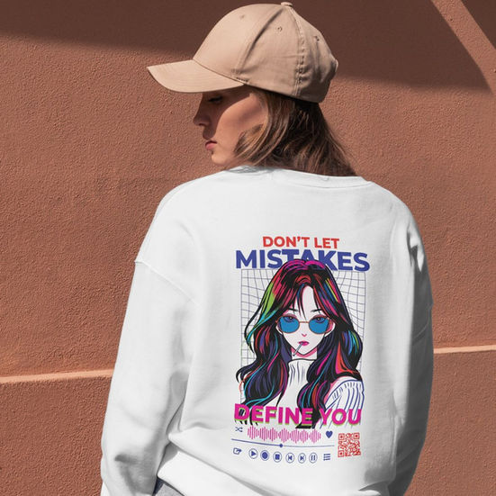 White unisex crewneck sweatshirt featuring a vibrant cyberpunk anime girl back print and "Don't Let Mistakes Define You" text