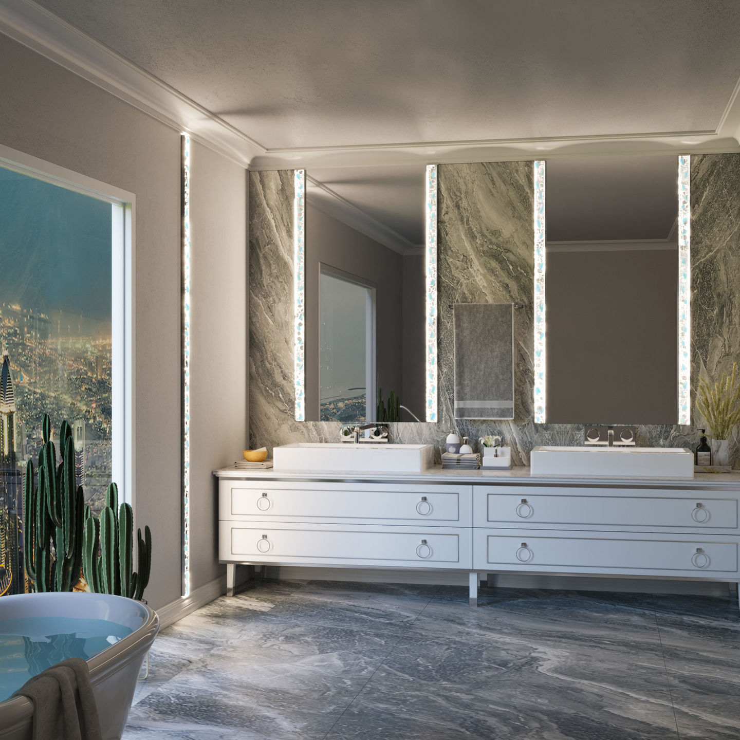 Marina linear LED wall lighting with clear and blue crystal diffusers in a luxury bathroom interior.