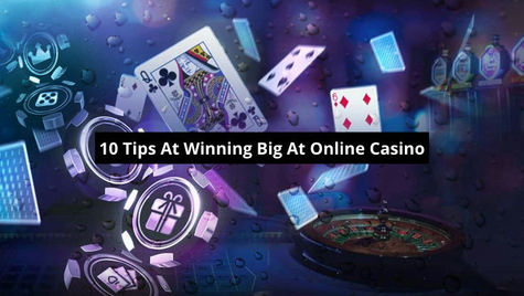 Playing cards and poker chips swirl with text "10 Tips At Winning Big At Online Casino" over a colorful, abstract casino background.