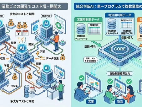 従来のAI導入にかかる個別開発の課題と、総合判断AIの仕組みについての説明。マスターデータとテーブルの登録のみで、複数部門の業務判断を低コストで自動化できることを示しています。