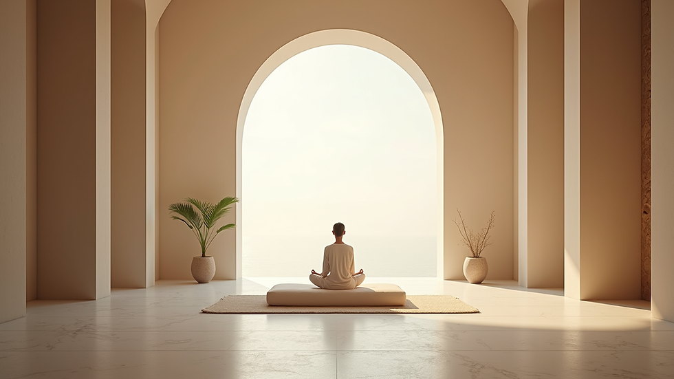 Eye-level view of a serene meditation space with soft natural light