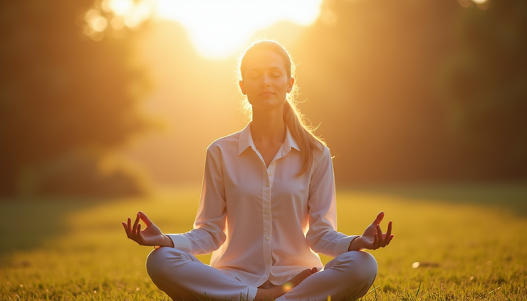 Close-up view of a person meditating outdoors with soft sunlight