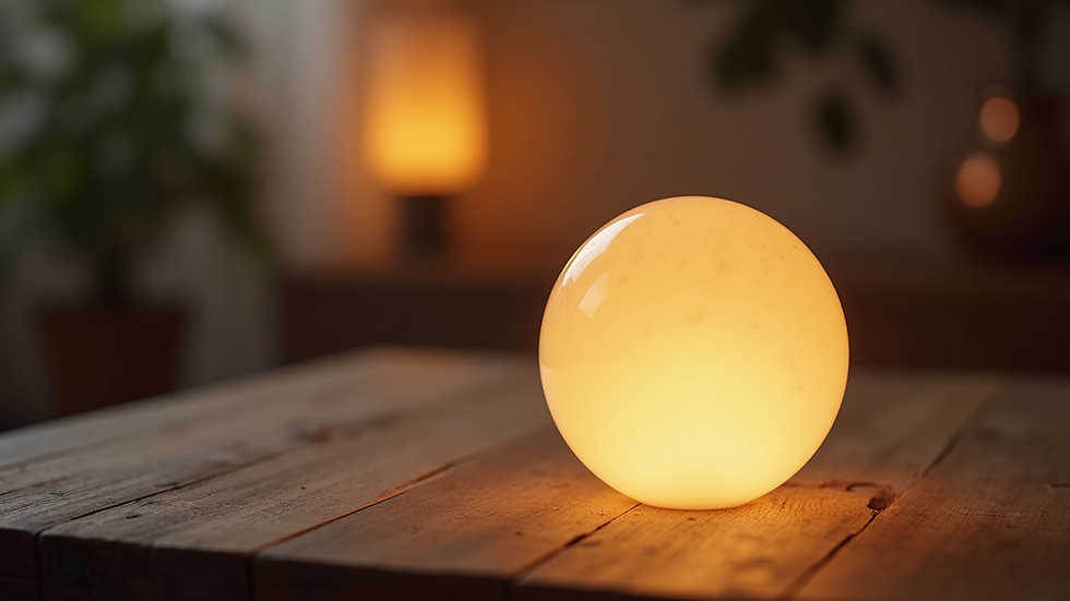 Close-up view of a softly glowing crystal ball on a wooden table