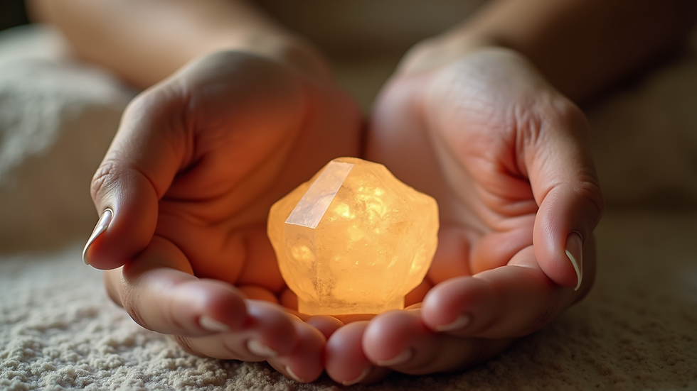 Close-up view of hands gently hovering over a crystal during a Reiki session