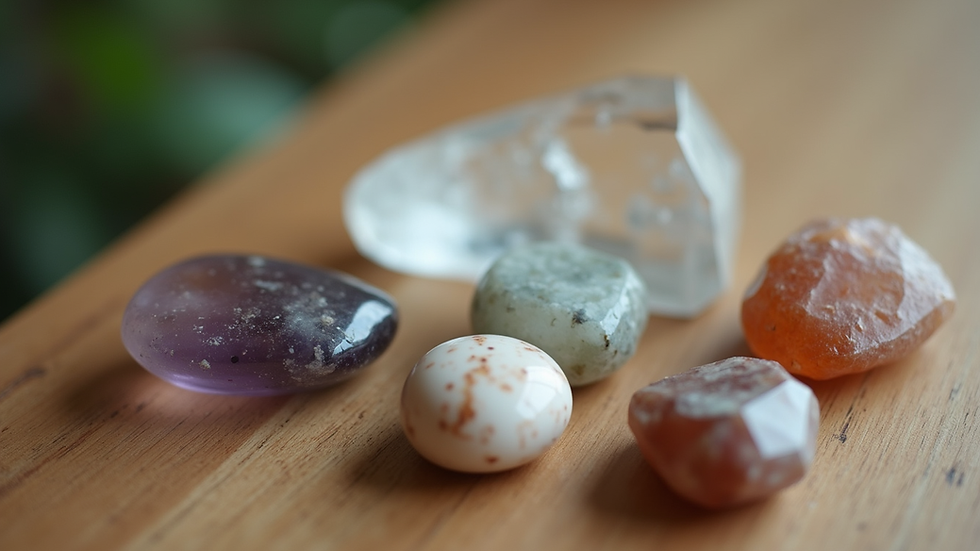 Close-up view of a crystal and healing stones arranged on a wooden surface