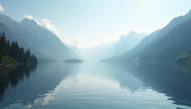 Eye-level view of a serene mountain lake reflecting the sky