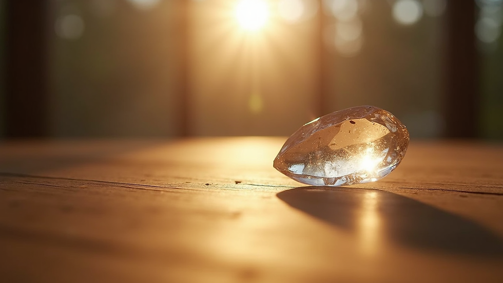 Close-up view of a crystal emitting soft light on a wooden surface