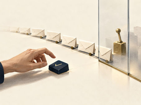 Conceptual illustration of a hand above an approval key, with rejection envelopes and a control lever behind glass.