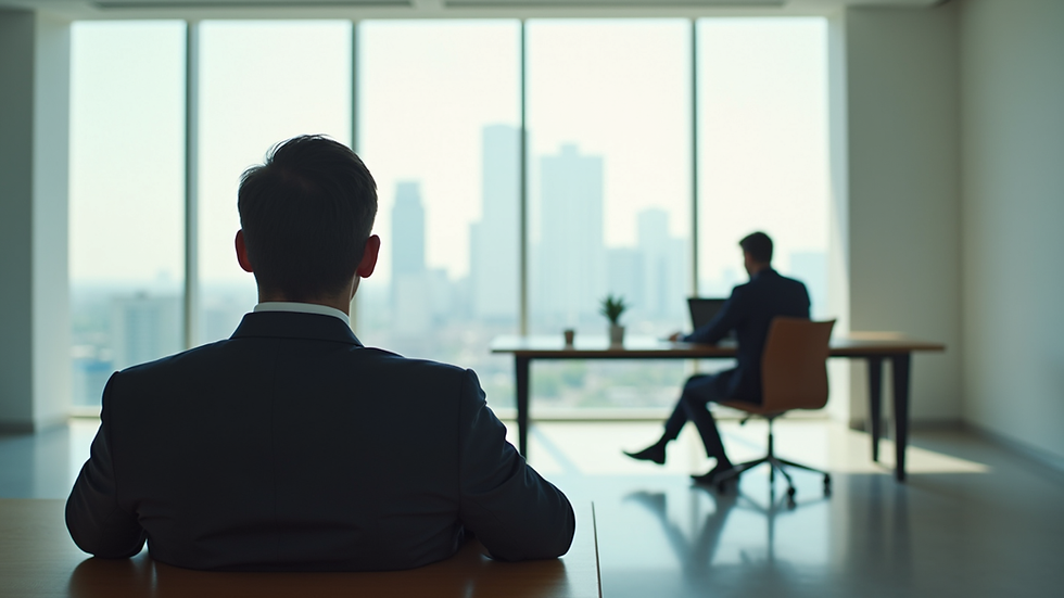 Eye-level view of a calm leader sitting in a minimalist office space