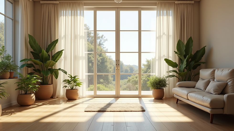 Wide angle view of a serene coaching space with natural light and plants