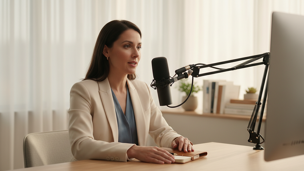 Eye-level view of a professional woman speaking confidently during an online training session