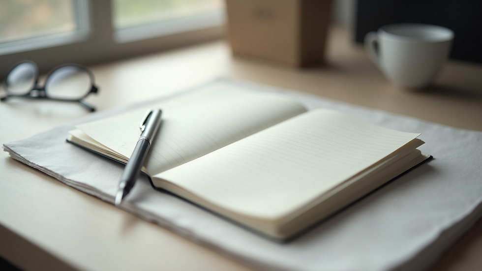 Eye-level view of a minimalist workspace with a journal and pen