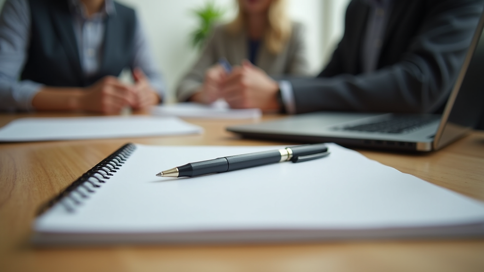 Close-up view of a notebook and pen on a wooden desk during a coaching session