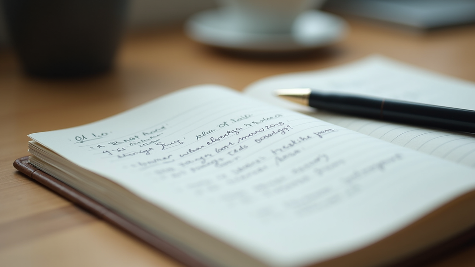 Close-up view of a notebook with handwritten notes and a pen on a wooden desk