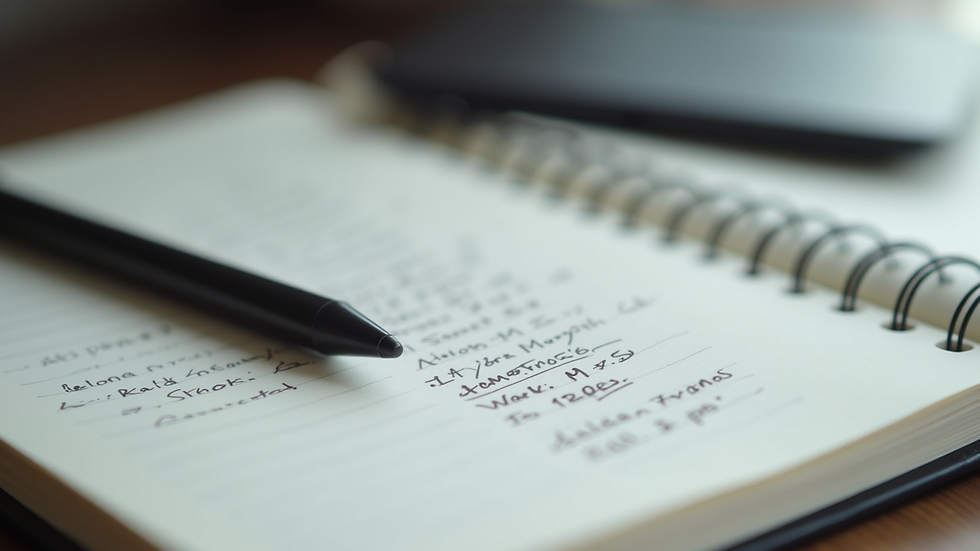 Close-up view of a notebook with handwritten notes and a pen