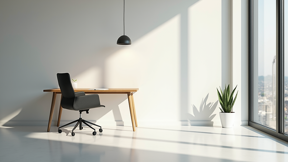 Eye-level view of a minimalist office space with a single chair and desk