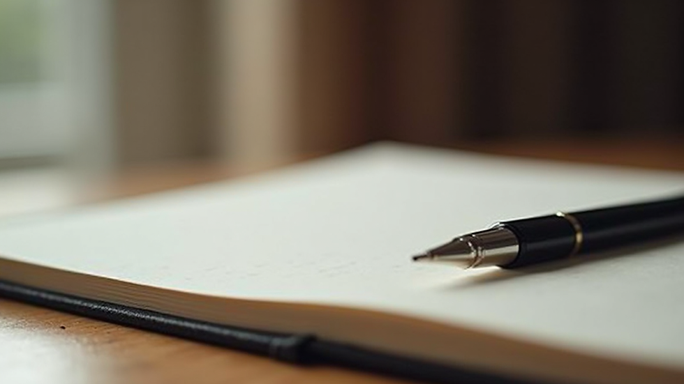 Close-up view of a journal and pen on a wooden desk, symbolizing reflection and self-observation