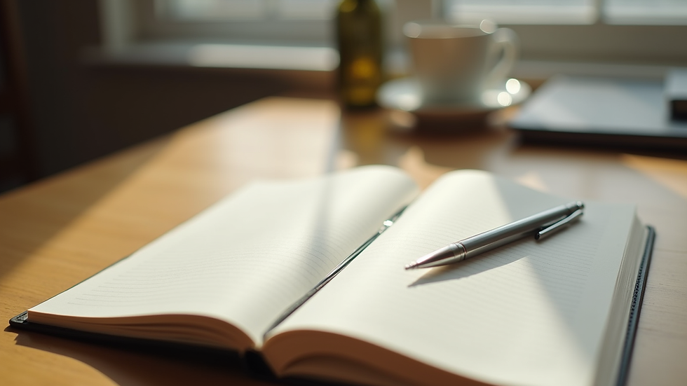 Close-up view of a journal and pen on a wooden desk with natural light