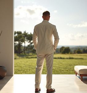 an executive wearing clear linen suit, e