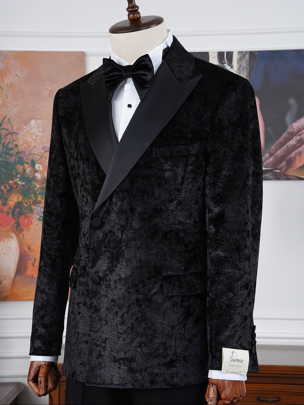 Thumbnail: Premium Mens Slim Fit Italian Style Patterned Tuxedo Groom Suit - Black