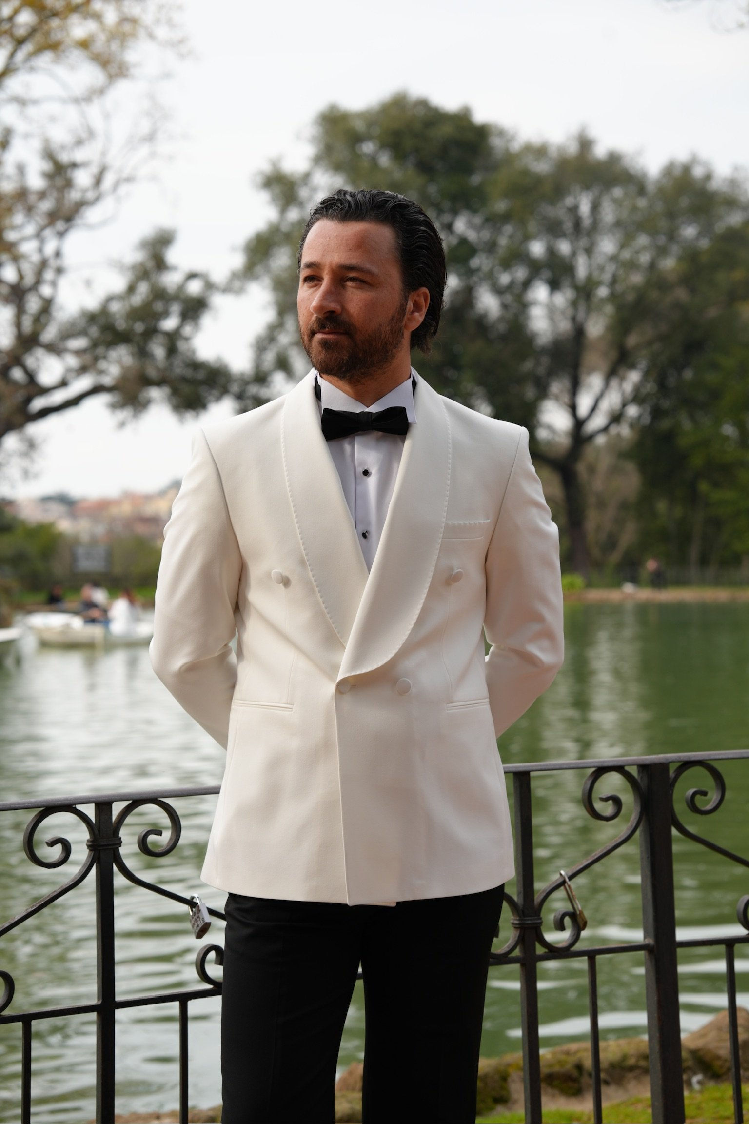 Premium Men's Slim Fit Italian Style Double Breasted Tuxedo Polka Dot Shawl Lape