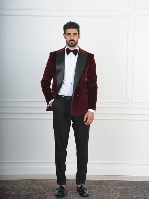 Thumbnail: Mens Premium Velvet Double Breasted Tuxedo Groom Suit Italian Style Jacket Pants
