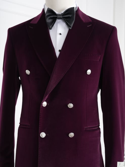Thumbnail: Premium Mens Velvet Double Breasted Tuxedo Groom Suit Metal Button Point Stitche