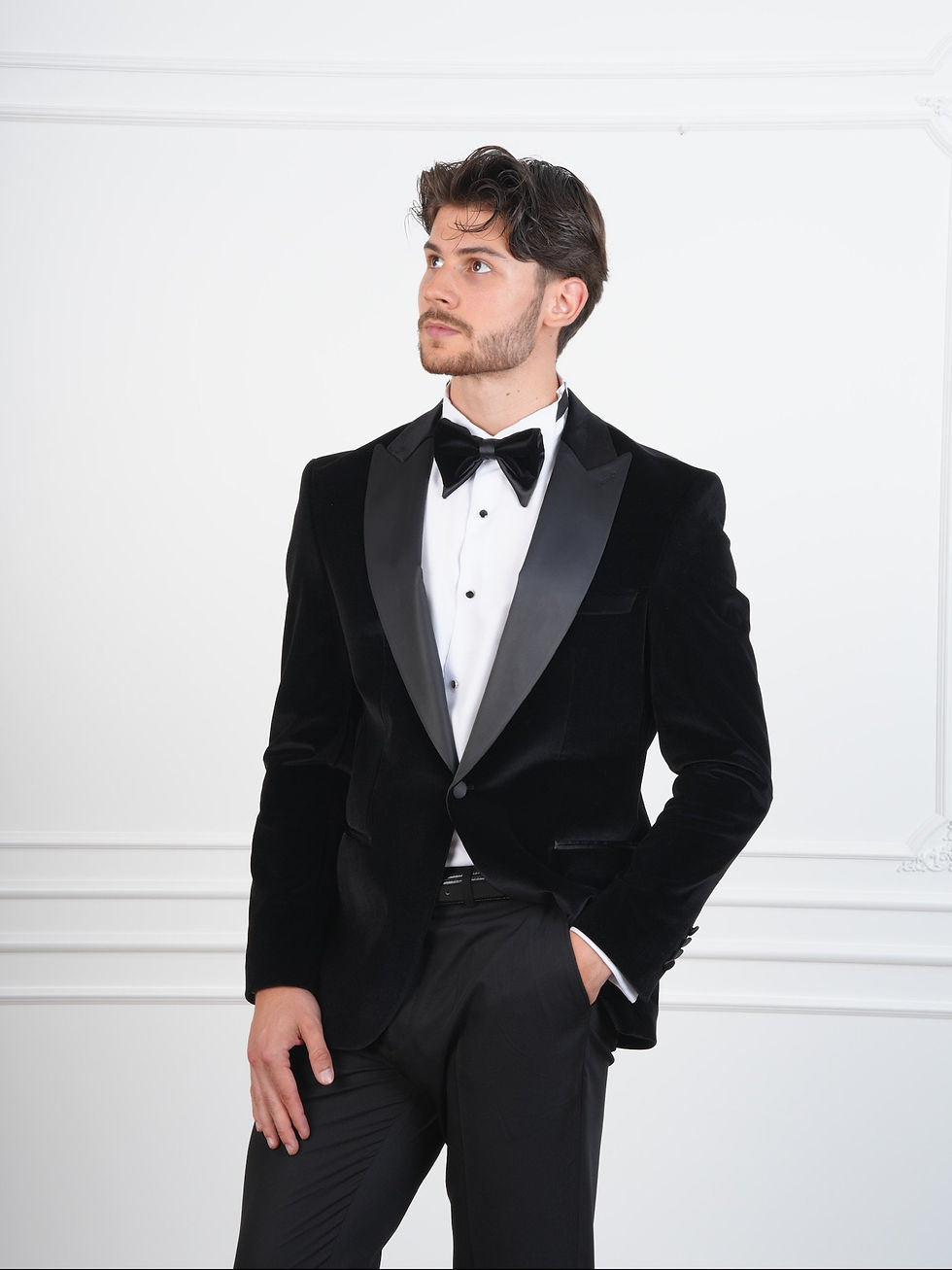 Thumbnail: Mens Premium Velvet Tuxedo Groom Suit Italian Style Slim Fit Jacket Pants Bow Ti