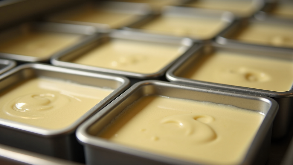 Eye-level view of soap molds filled with hot process soap batter