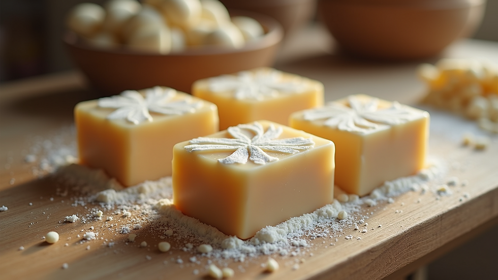 High angle view of freshly molded soap bars cooling on a wooden surface