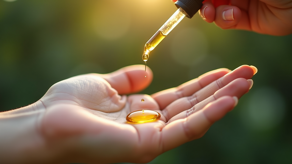 Close-up view of a dropper releasing essential oil onto a palm